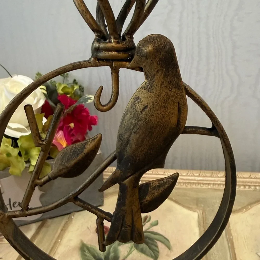 Bird & Leaf Design Brass Tone Finish Metal Candle Holder
